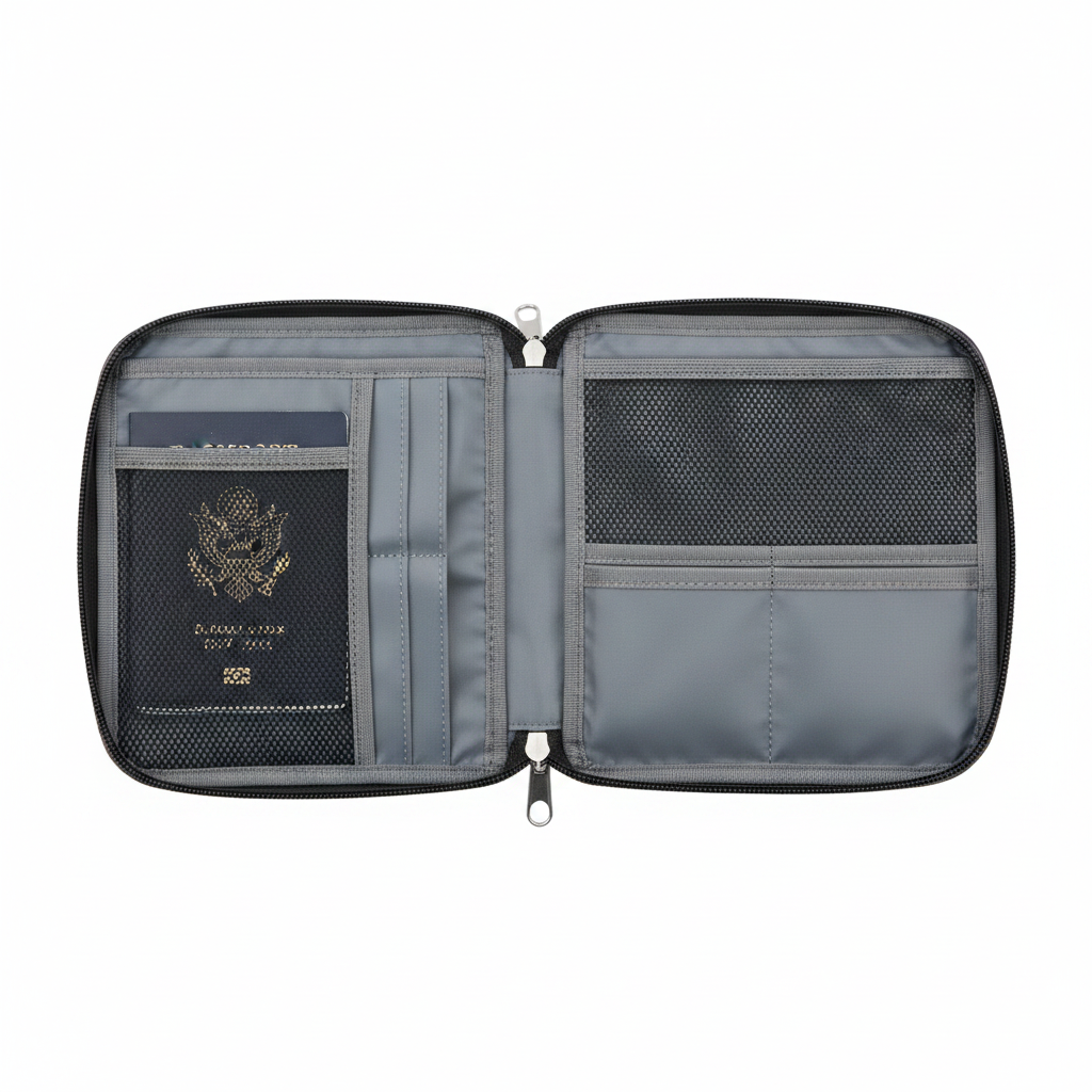Black Passport Keeper Travel Wallet – interior mesh pockets and card slots