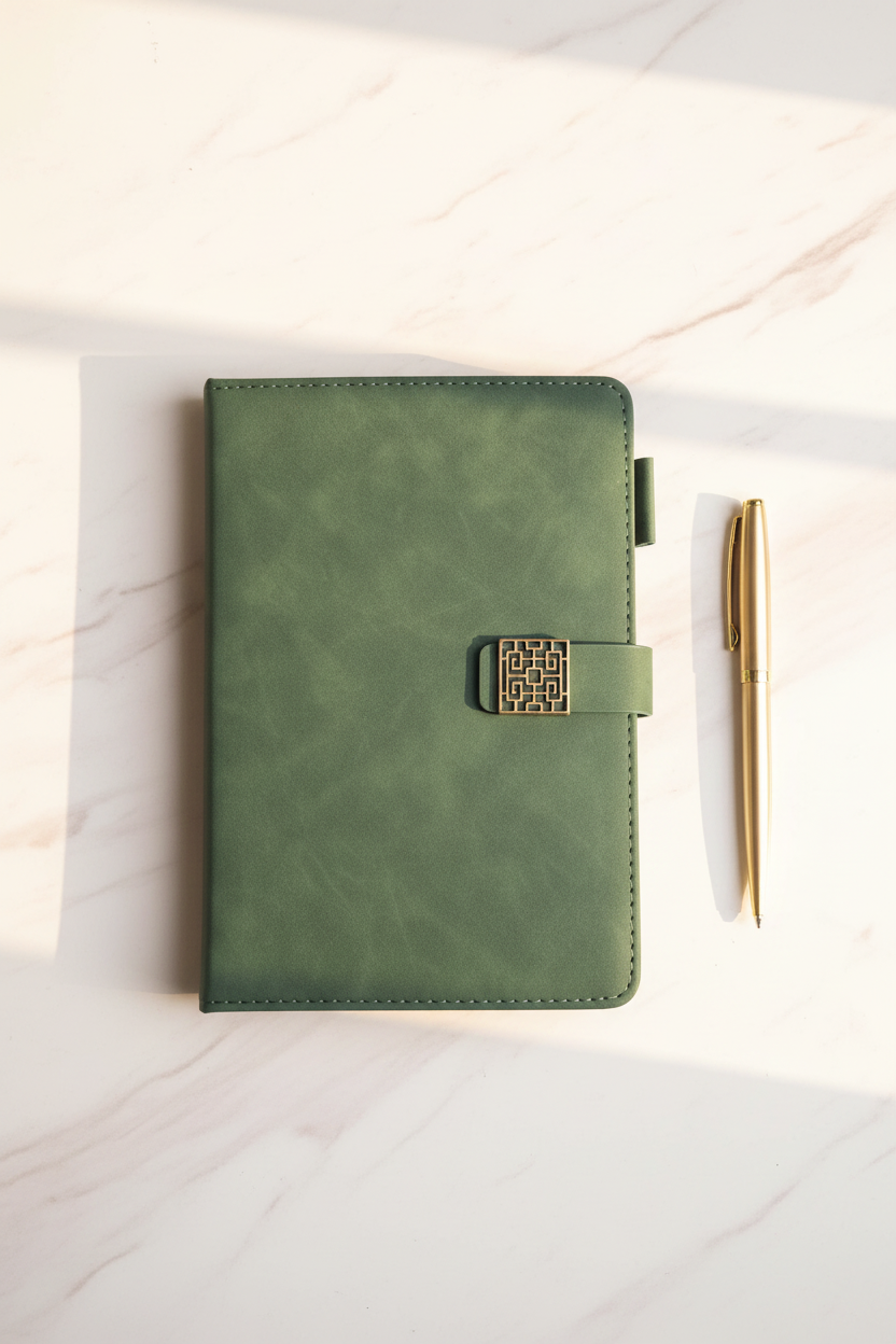 Forest green faux leather journal with antique gold clasp on marble desk