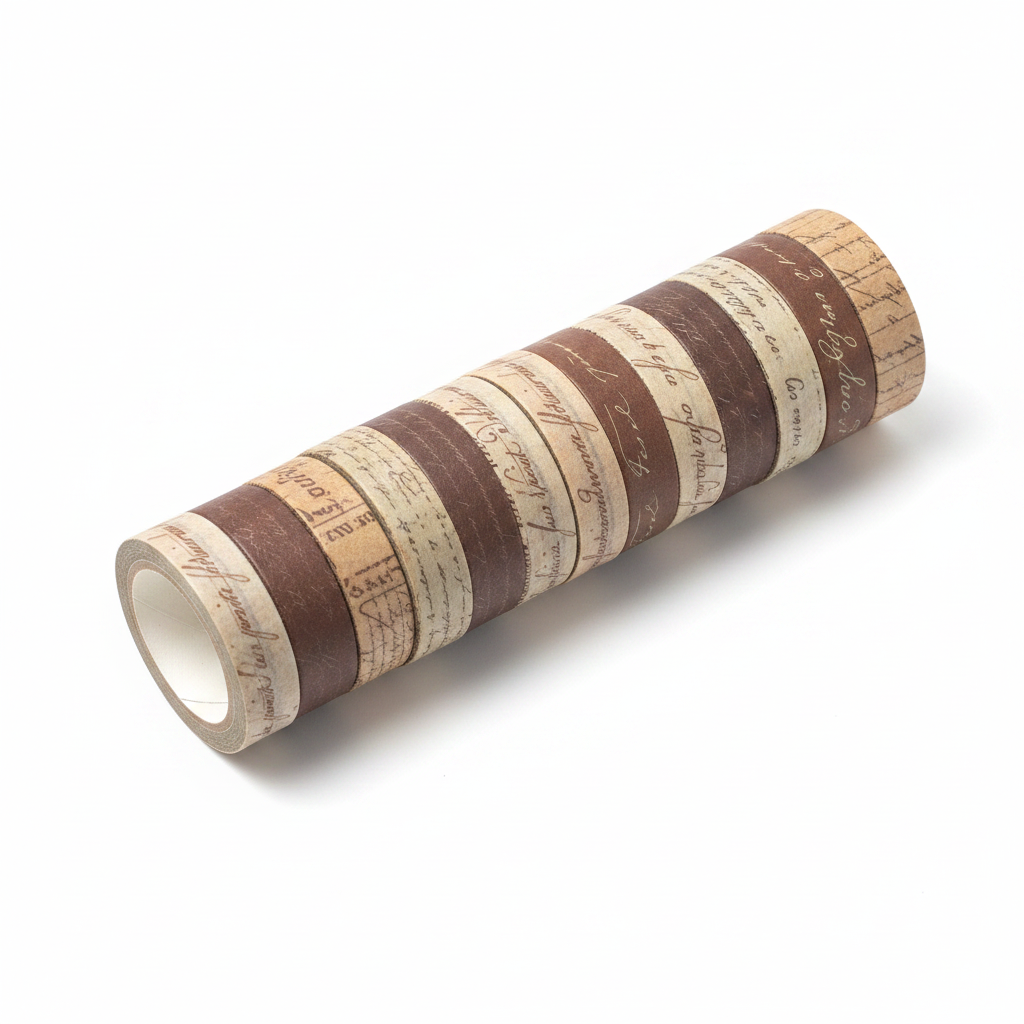 Vintage script washi tape rolls in brown and cream with handwritten cursive text