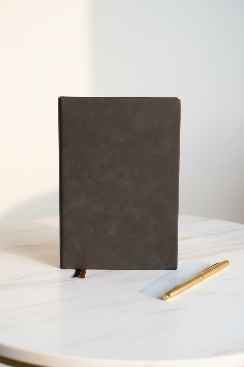 Charcoal grey soft faux leather A5 journal on marble desk