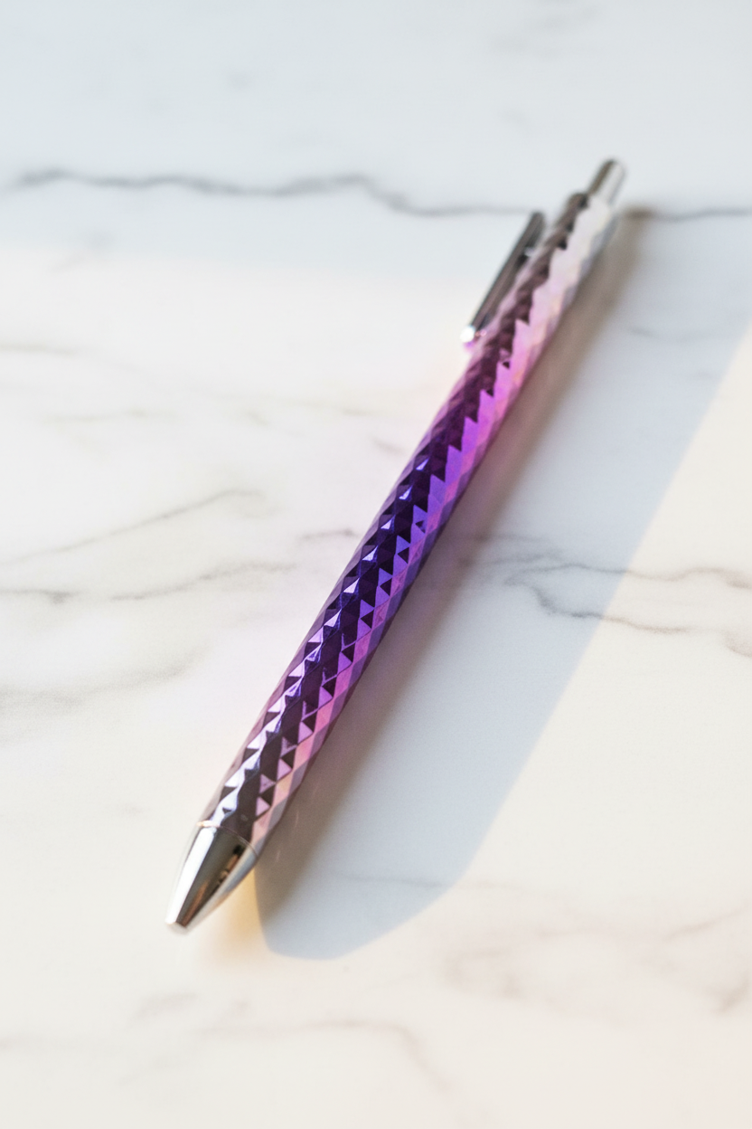 Blue green iridescent gradient ballpoint pen on marble desk
