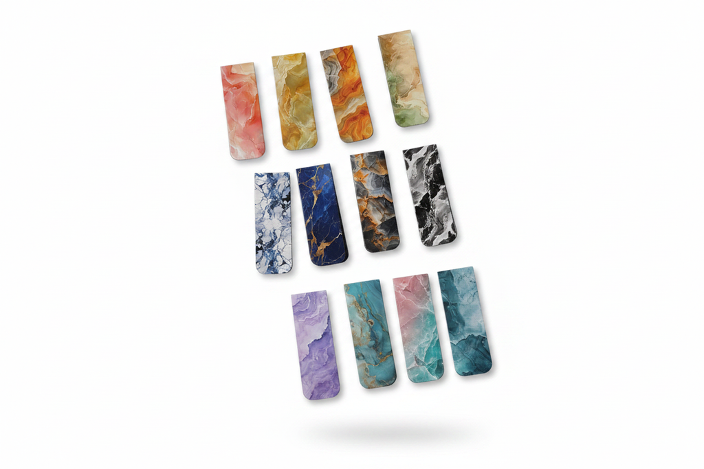 12 marble magnetic bookmarks on white background