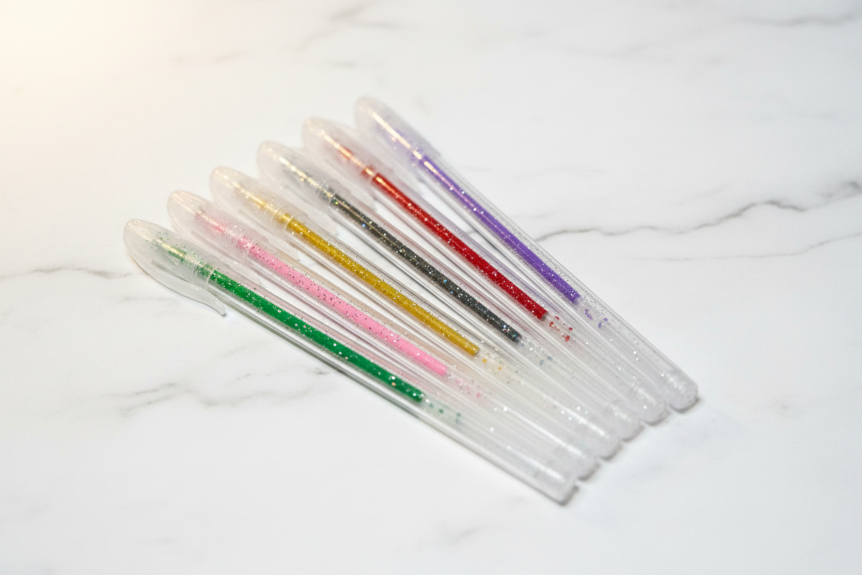 7 glitter gel pens with clear sparkly barrels in green, pink, gold, silver, red, orange and lavender on marble desk