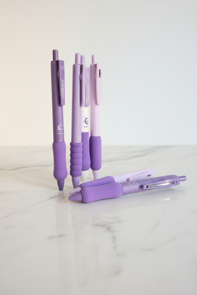 5 Galaxy soft grip ballpoint pens in purple and lilac shades on marble desk