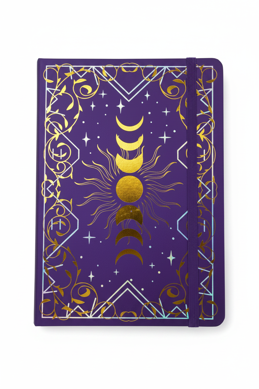 Deep purple witchy moon phase hardcover journal with gold foil and holographic border