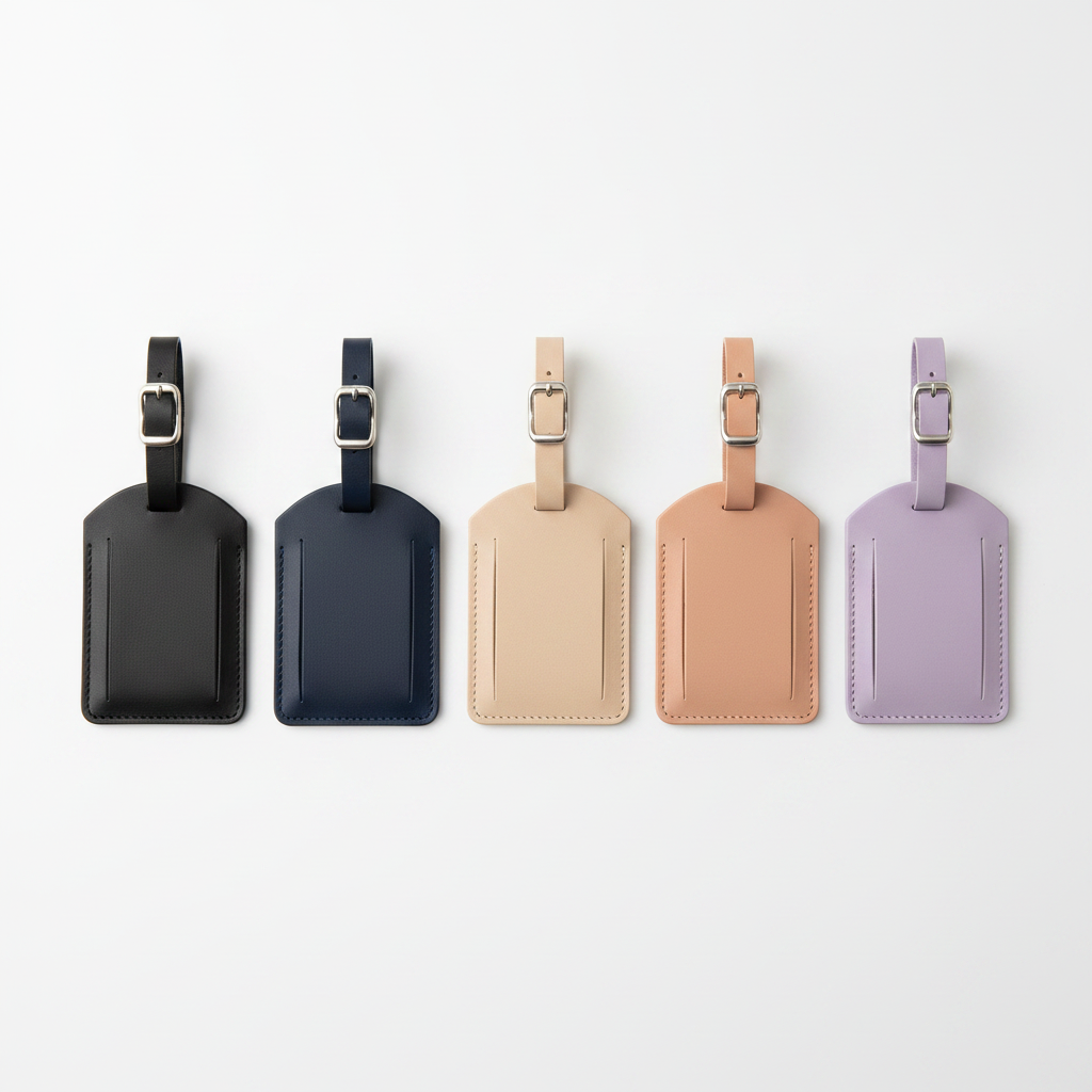 Faux leather luggage tags in black, cream, navy, blue, pink, grey and purple with silver buckle straps