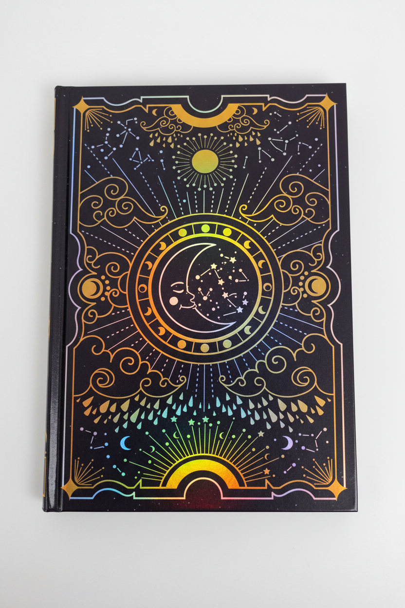 Holographic rainbow foil hardcover sketchbook with crescent moon and constellation design