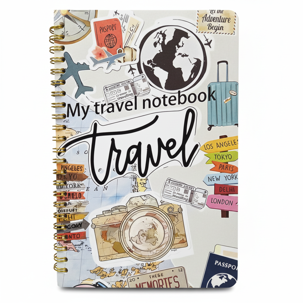 My Travel Notebook with travel sticker cover including globe, airplane, passport, camera and city destination signs