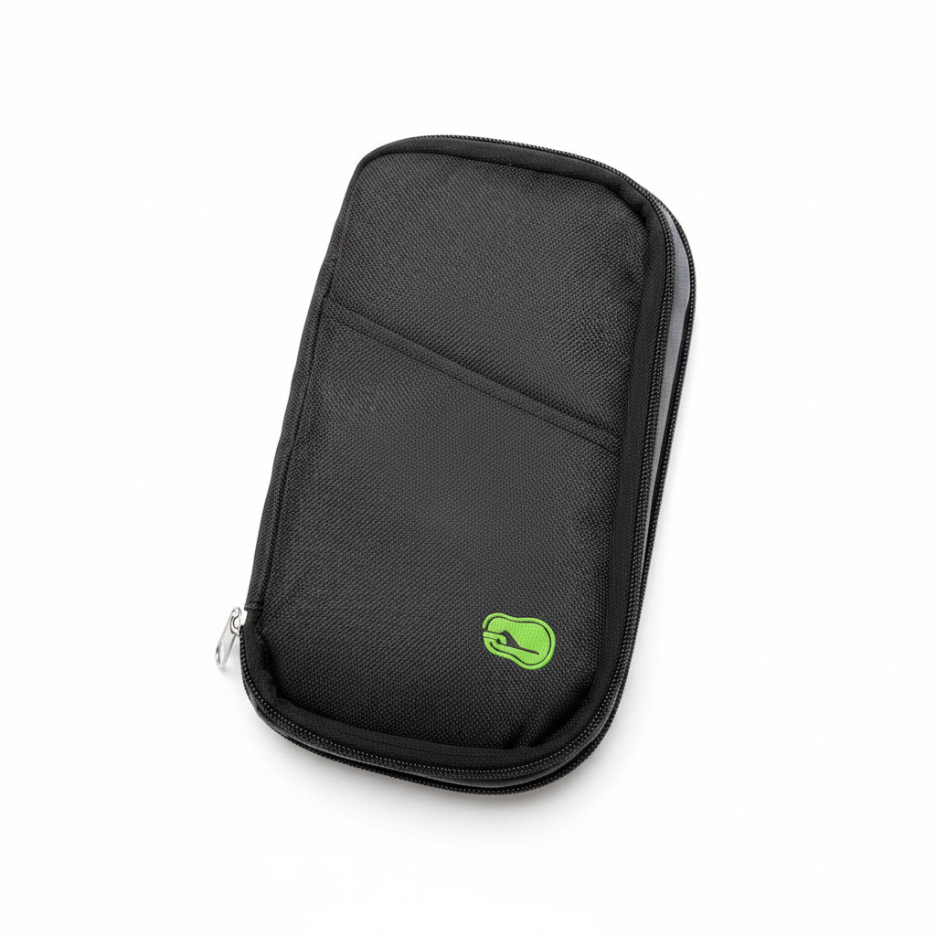 Black Passport Keeper Travel Wallet – closed exterior, white background