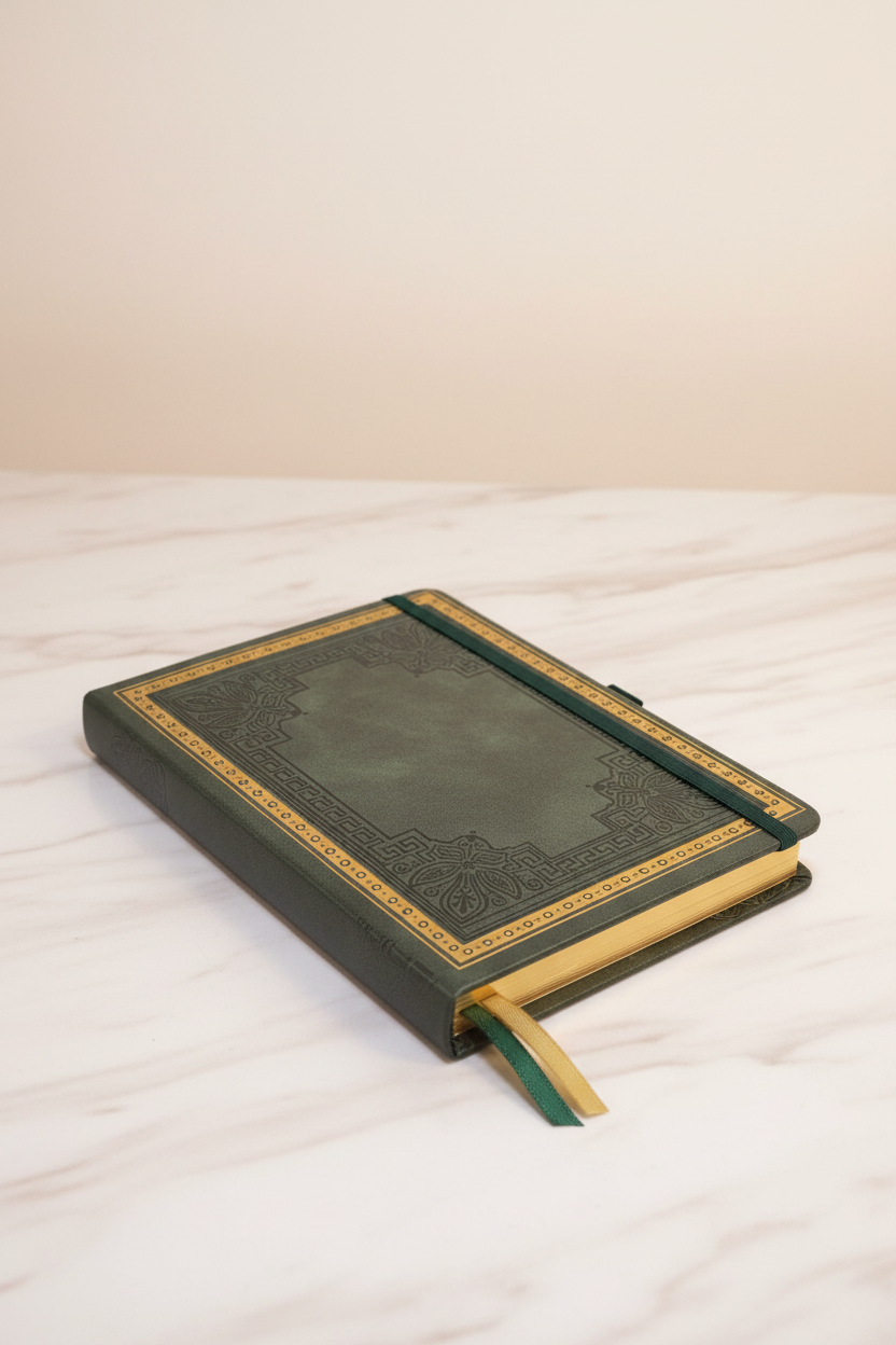 Dark green butterfly Greek key gilded A5 journal on marble desk
