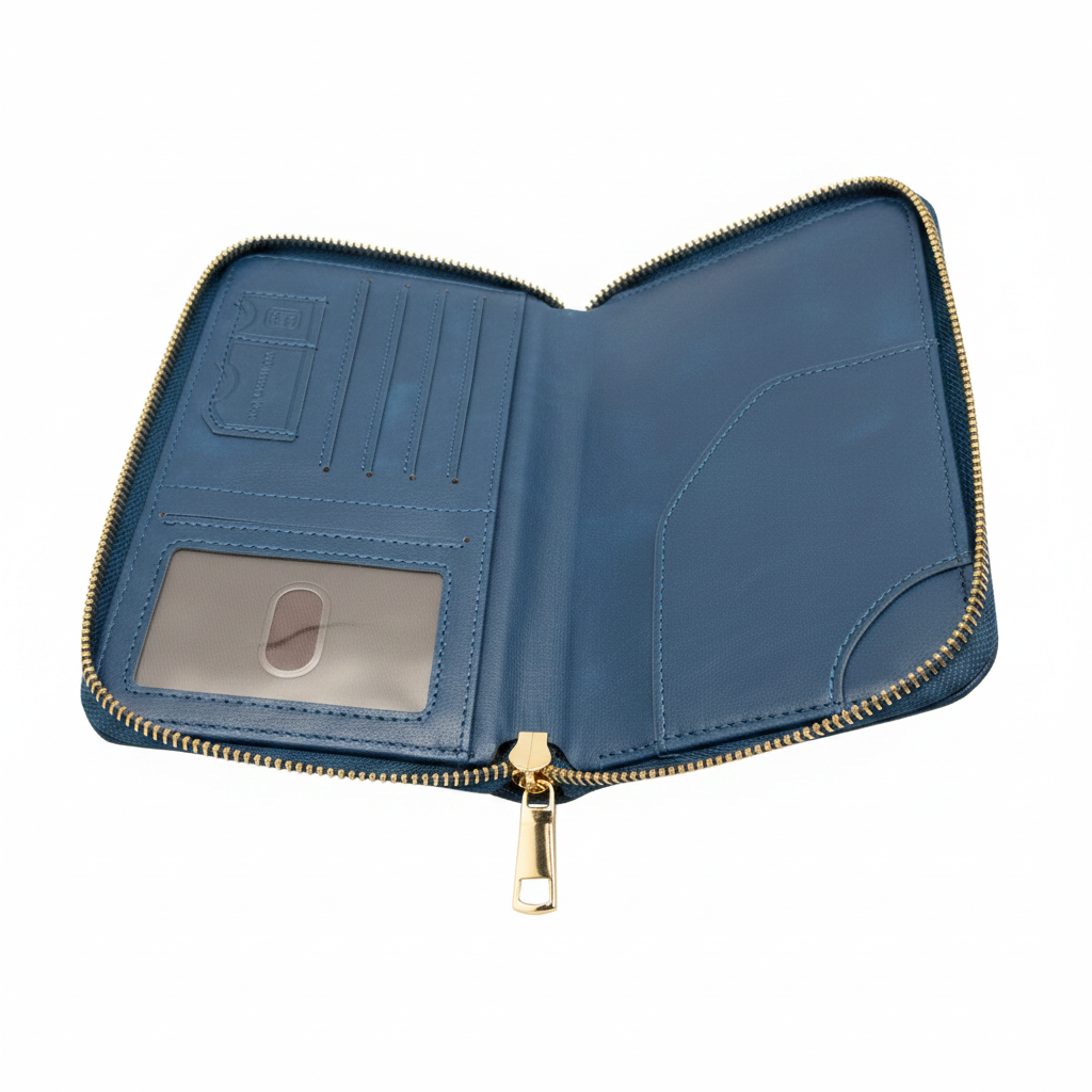 Double Zipper Passport Keeper Travel Wallet – open interior with card slots and ID window