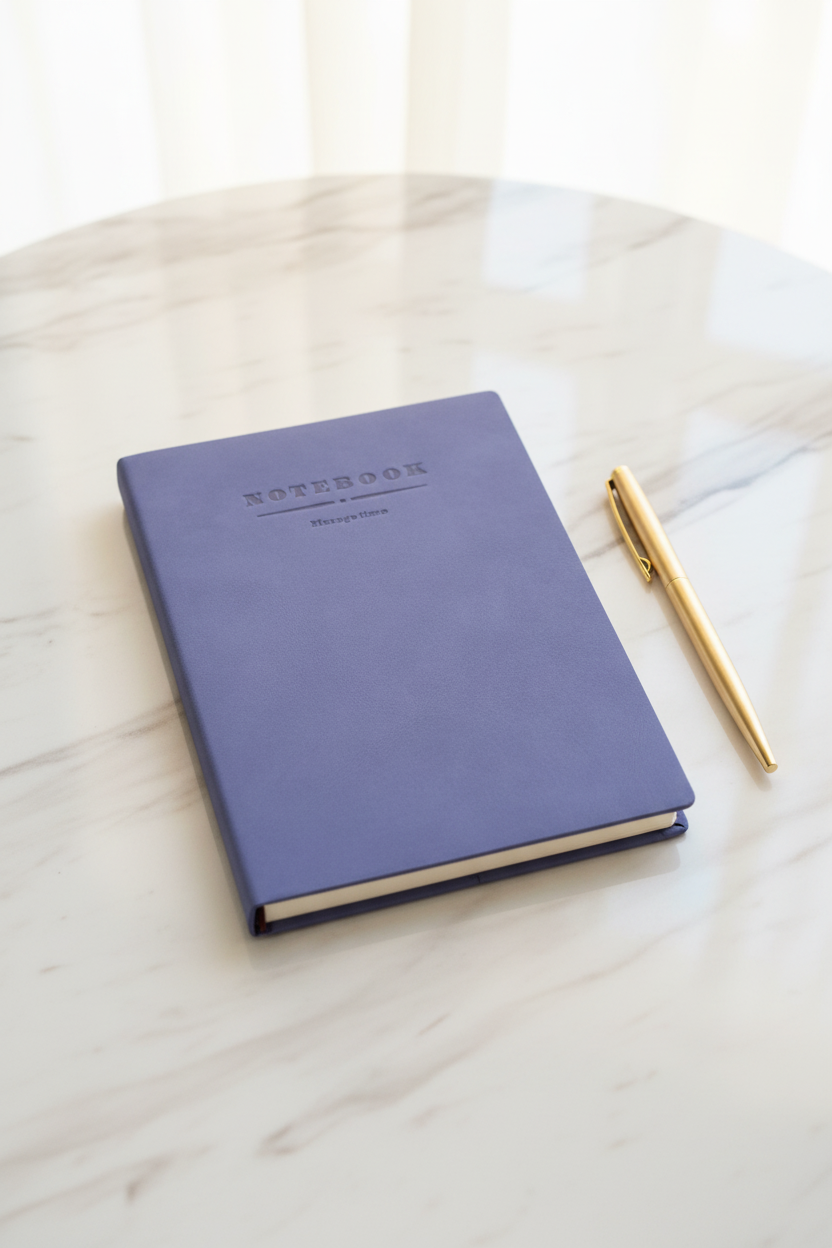 Purple-blue soft suede A5 notebook on marble desk
