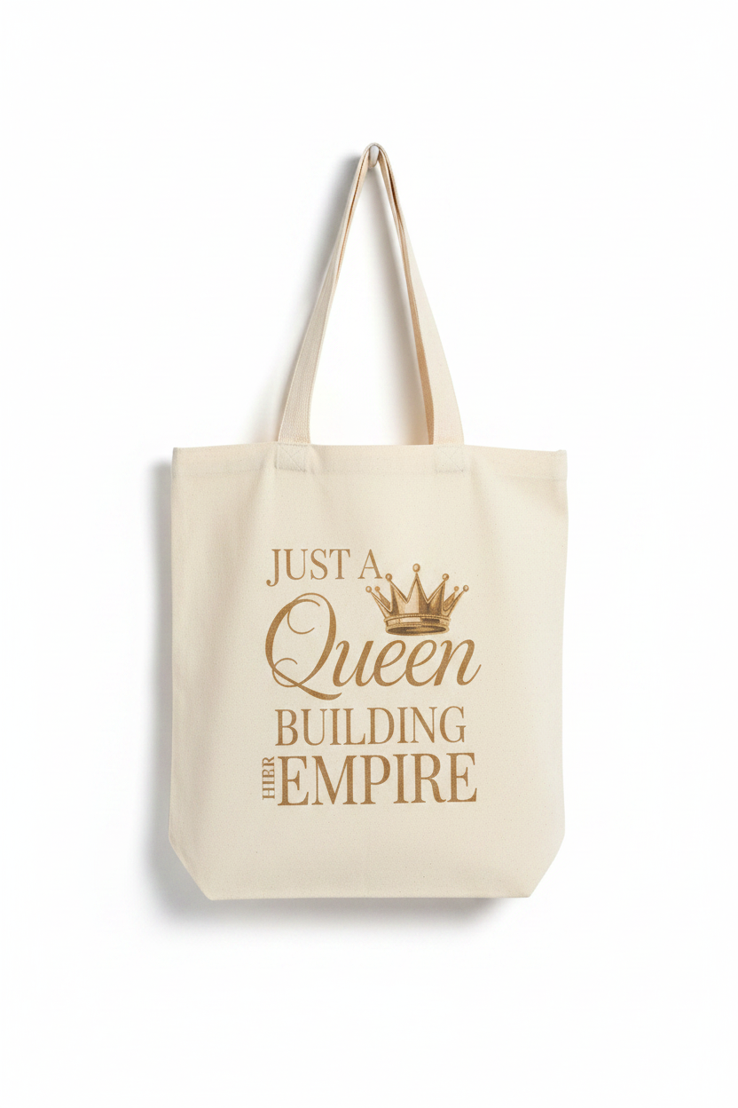 Natural canvas tote bag with gold crown and Just a Queen Building Her Empire text