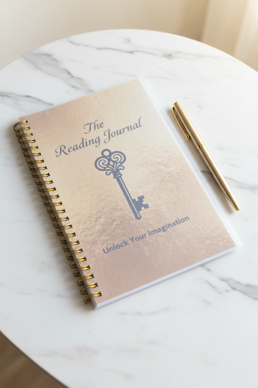 The Reading Journal spiral notebook with key design on marble desk