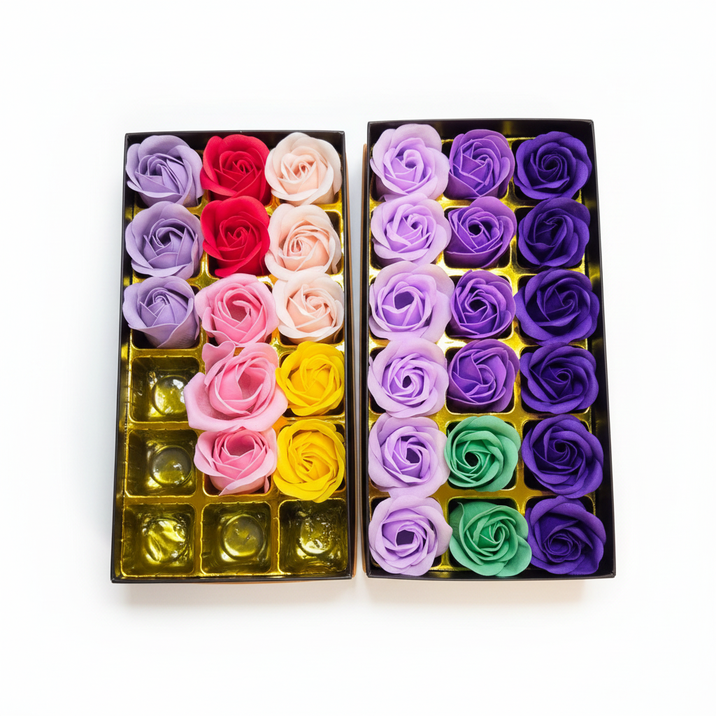 Soap roses in multiple colours including lavender, red, pink, yellow, purple and green