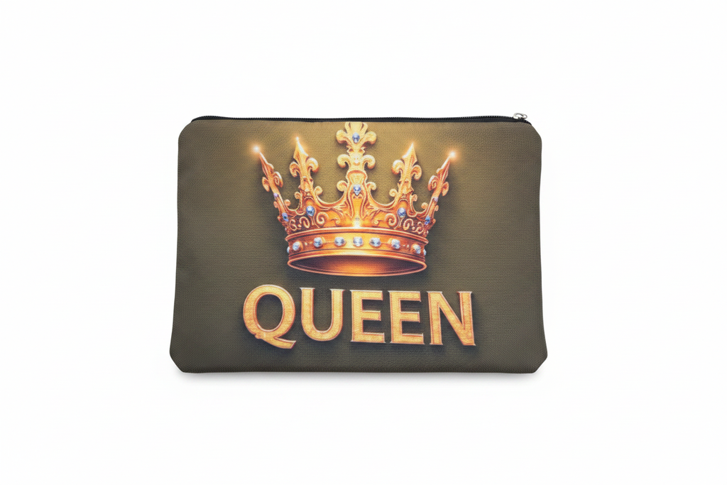 Green polyester Queen makeup bag with ornate gold crown