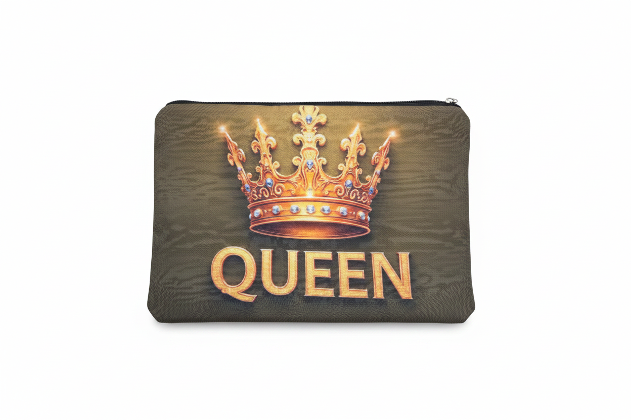 Green polyester Queen makeup bag with ornate gold crown