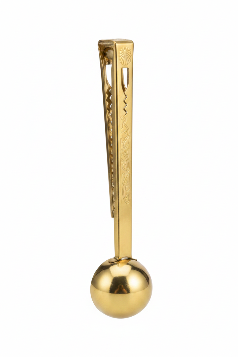 Gold coffee scoop bag clip detail showing serrated teeth and engraved handle