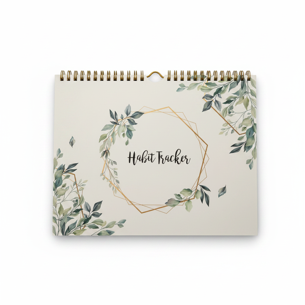 Botanical Habit Tracker cover with eucalyptus and gold geometric frame