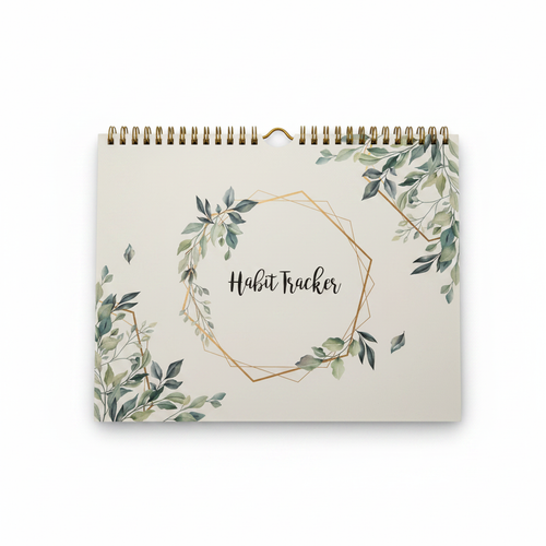 Botanical Habit Tracker cover with eucalyptus and gold geometric frame