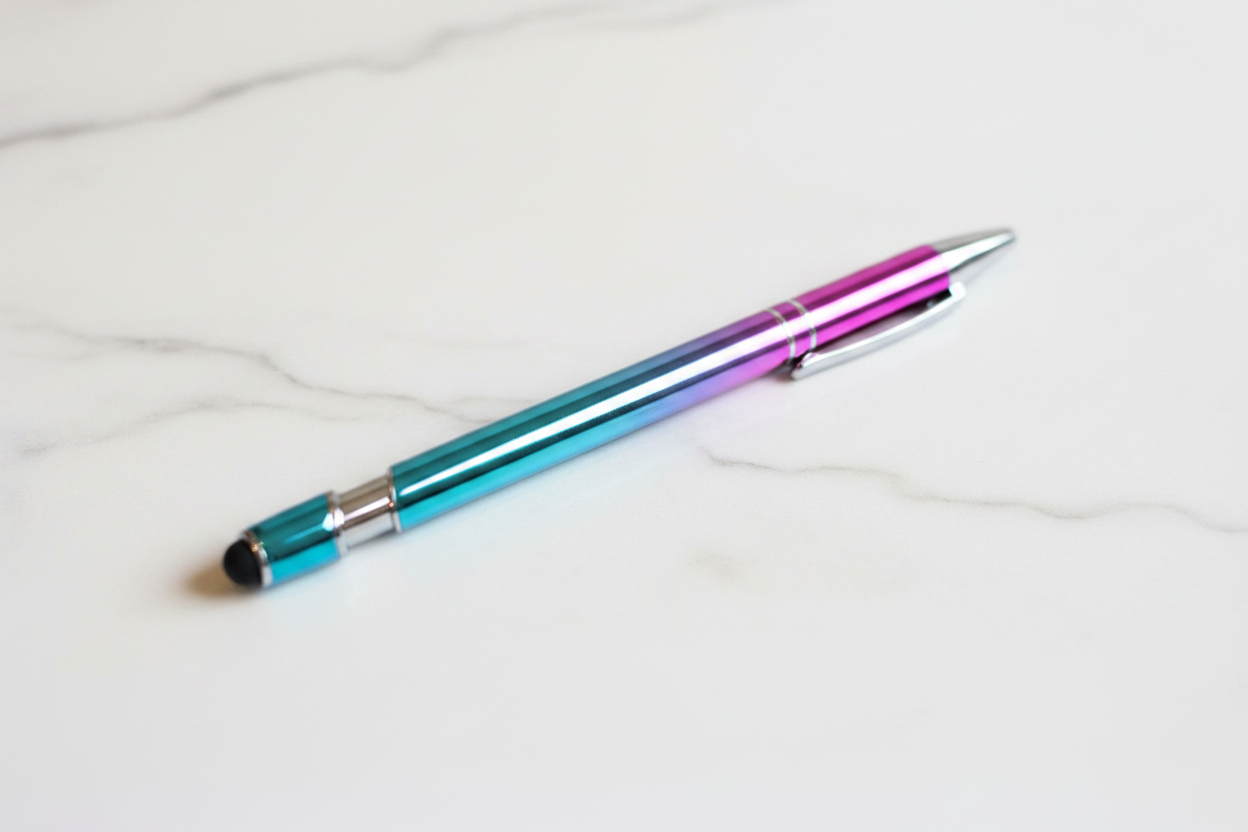 Teal to pink gradient 2-in-1 stylus and ballpoint pen on marble desk