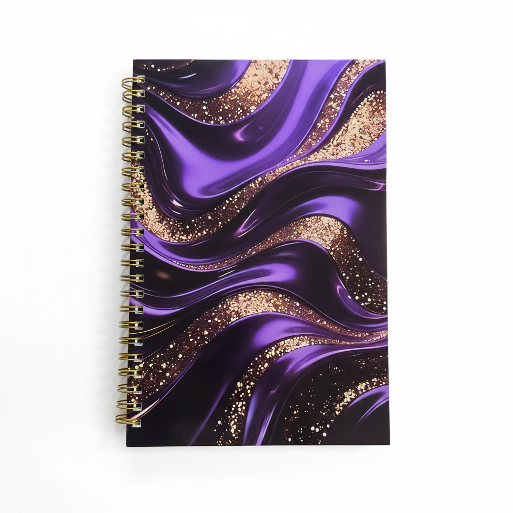 Purple and gold glitter marble spiral notebook with gold coil binding