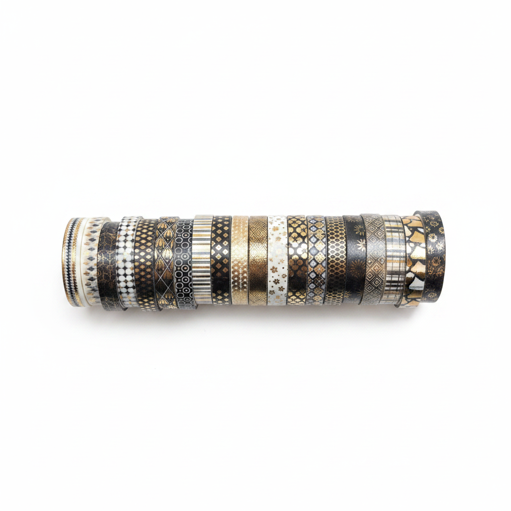 Black white and gold decorative washi tape rolls set of 5