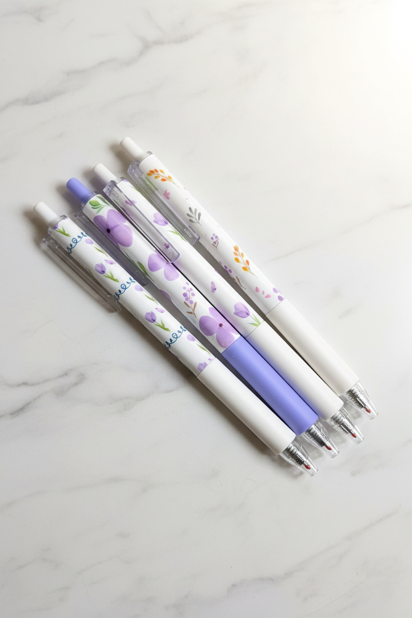 4 wildflower retractable gel pens with floral illustrations on marble desk