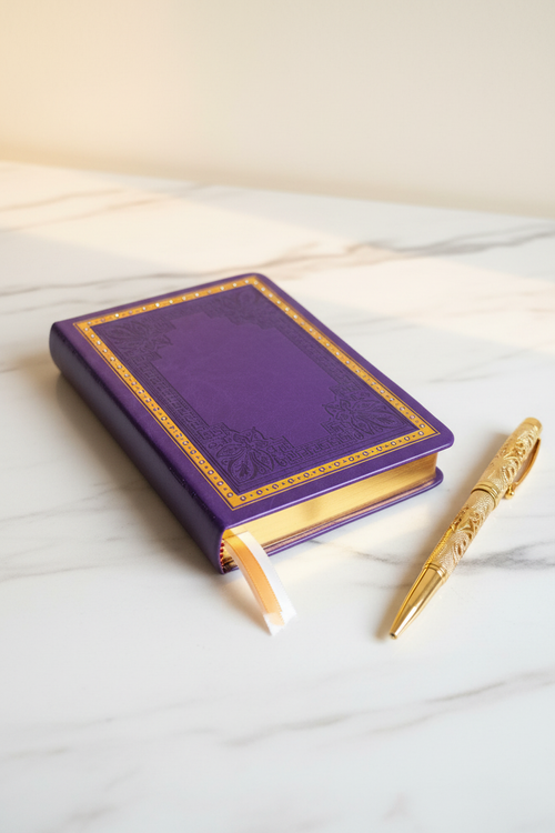 Purple butterfly Greek key gilded A6 journal on marble desk