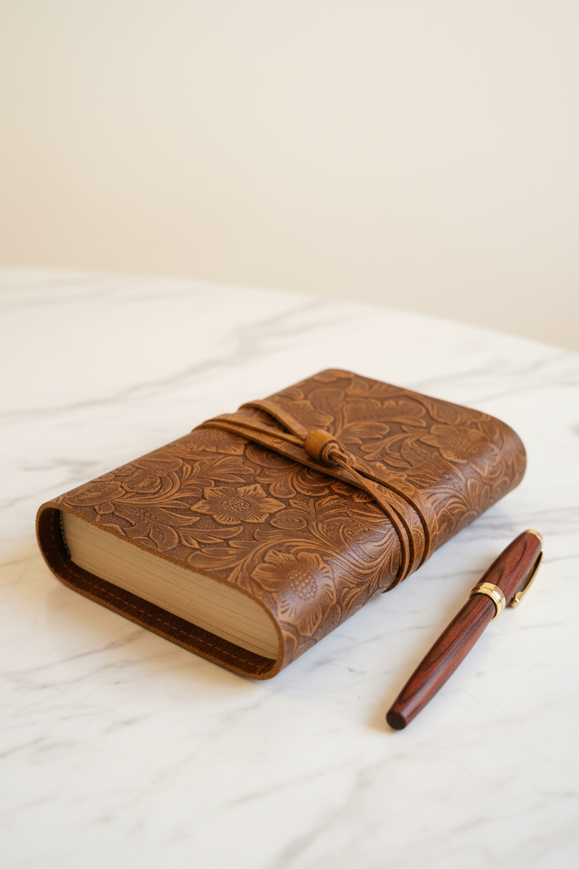 A6 genuine leather floral embossed sketchbook on marble desk