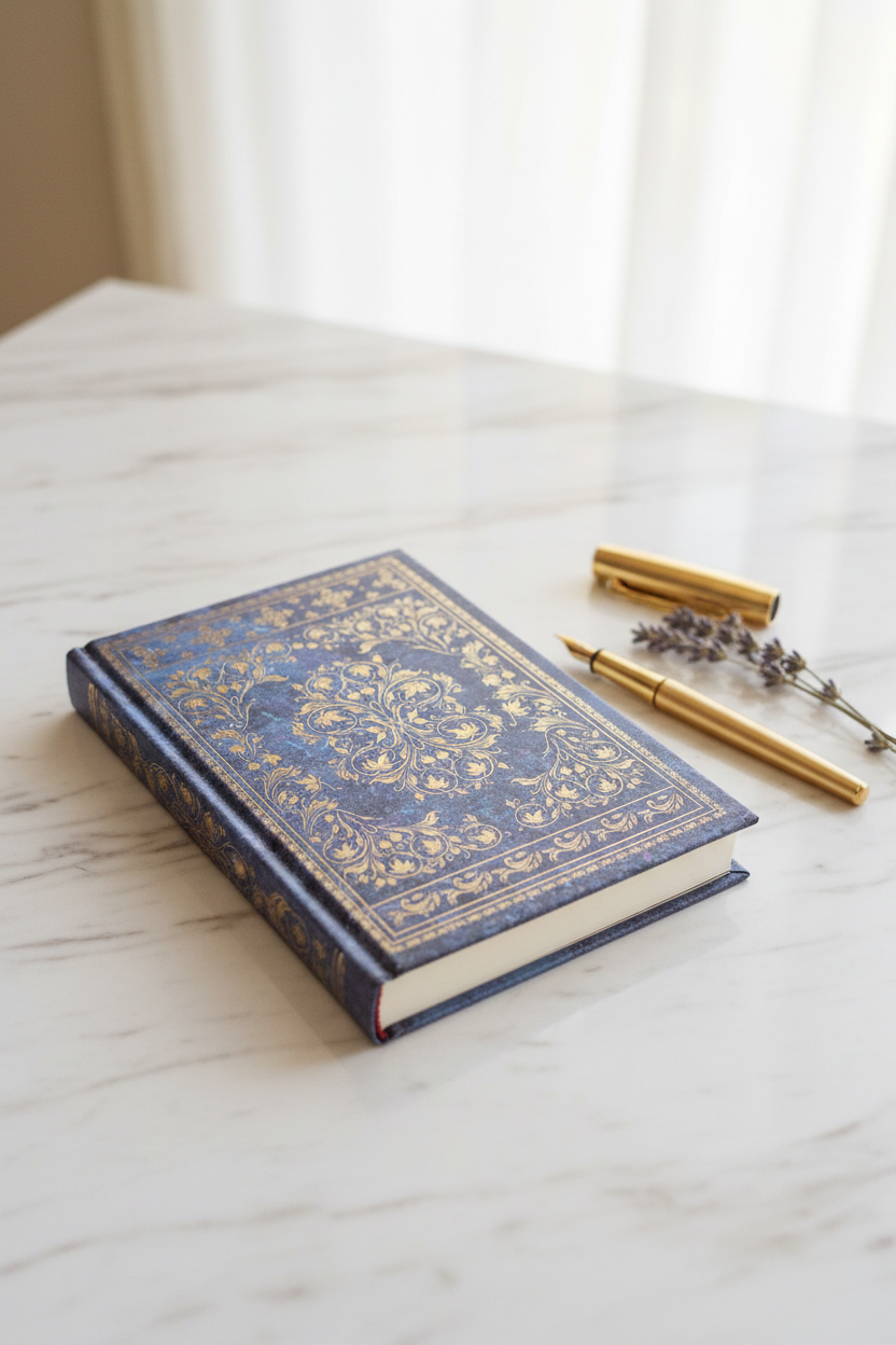Blue marbled gold embossed hardcover journal on marble desk