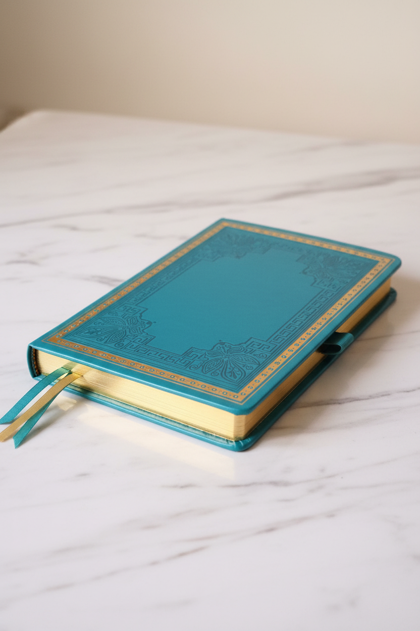 Teal butterfly Greek key gilded A5 journal on marble desk
