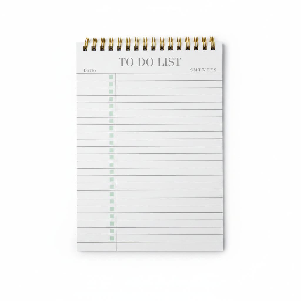 A6 To Do List Notepad with green checkboxes and gold spiral binding