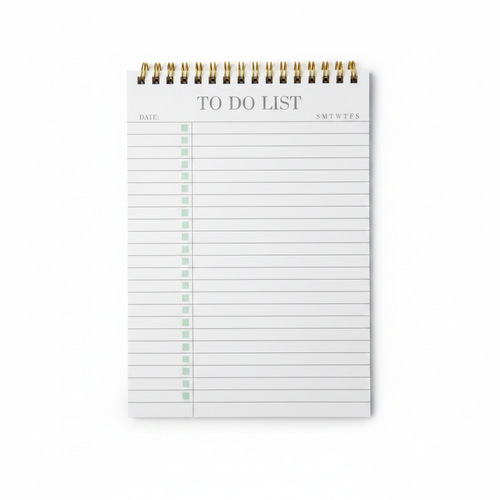 A6 To Do List Notepad with green checkboxes and gold spiral binding