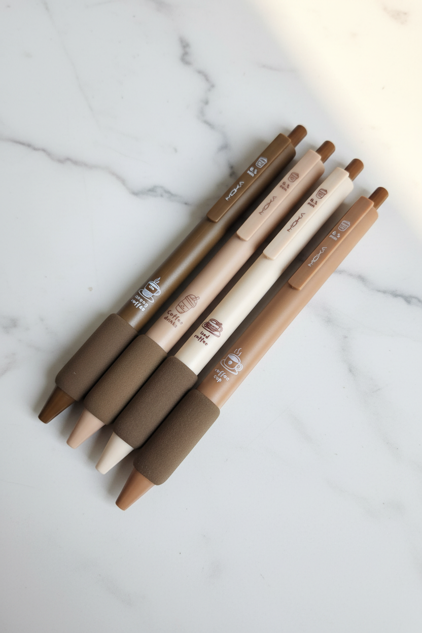 4 MOKA coffee themed soft grip gel pens in espresso, latte, cream and caramel on marble desk