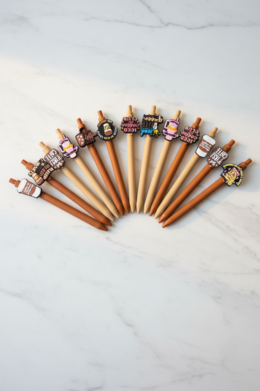 10 coffee saying charm pens with 3D rubber toppers on marble desk