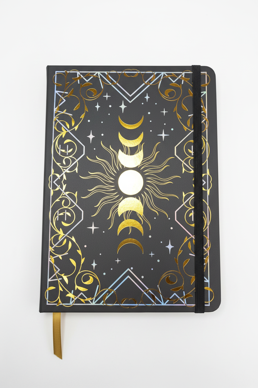 Charcoal grey witchy moon phase hardcover journal with gold foil and holographic border