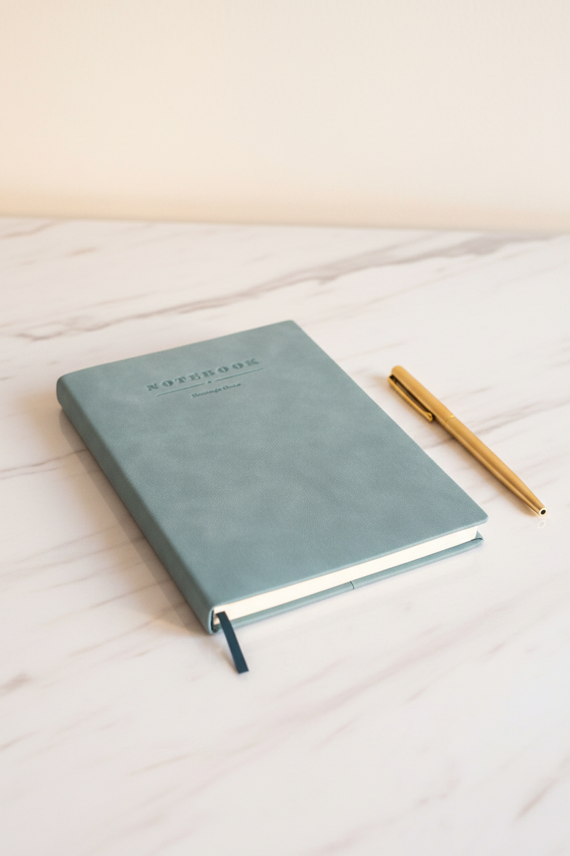 Teal soft suede A5 notebook on marble desk