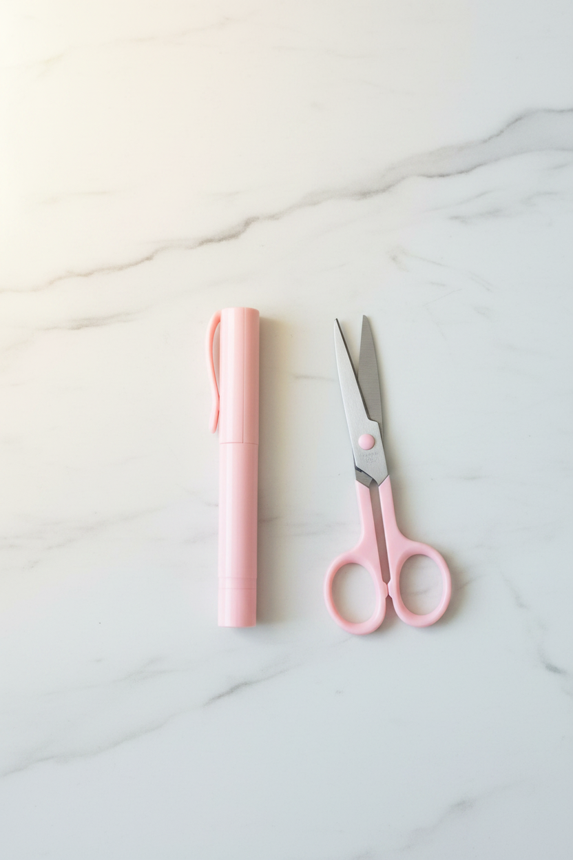 Pink pen scissors open and closed on marble desk