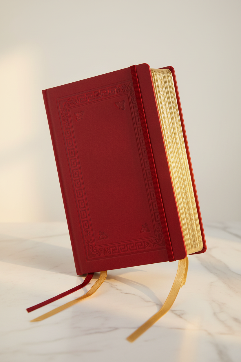 Red gilded A5 journal showcasing gold gilded page edges