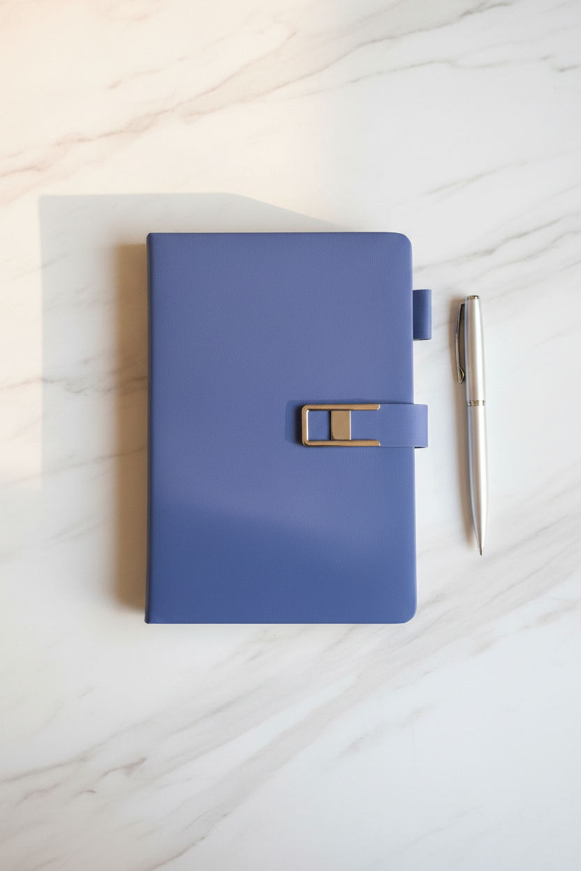 Periwinkle blue faux leather journal with silver clasp on marble desk