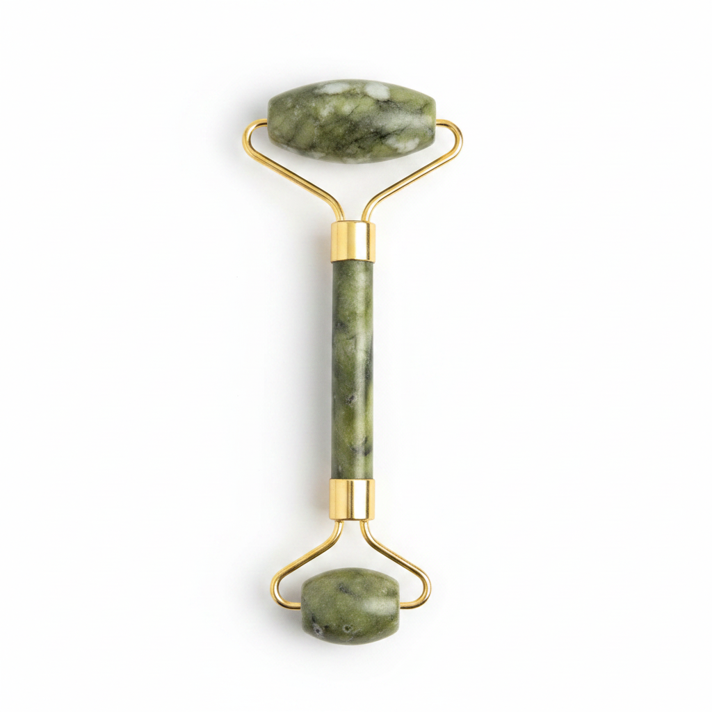 Jade facial roller with double ended stone rollers and gold metal frame