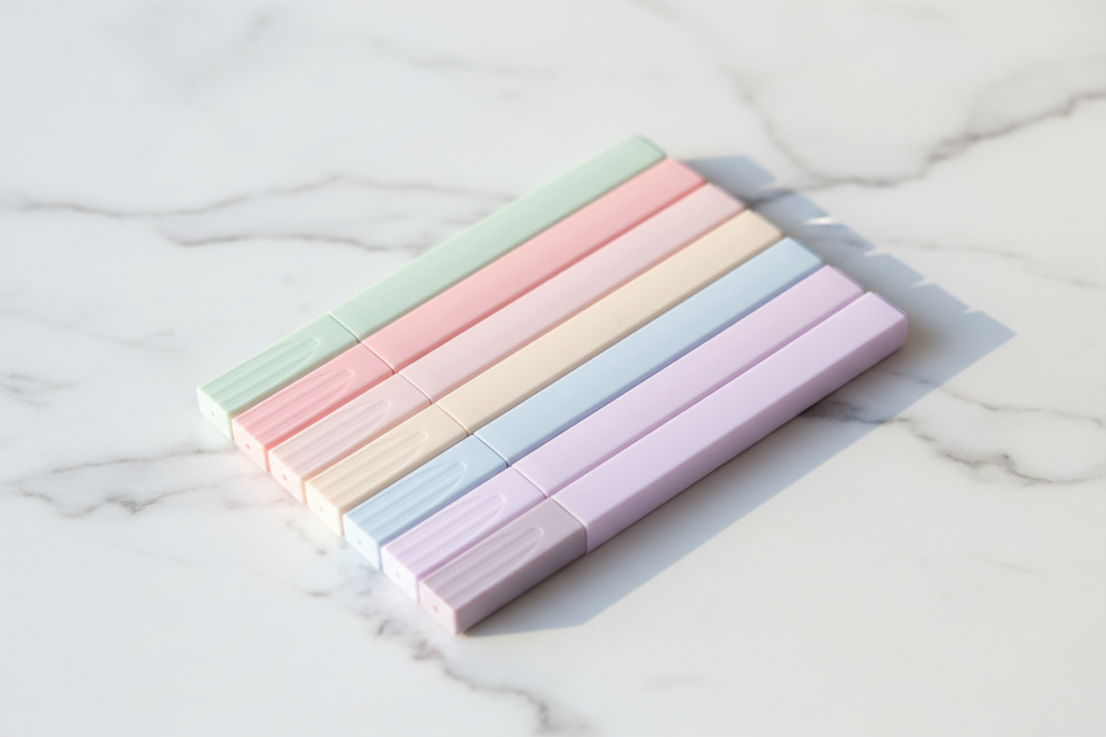 Set of 6 pastel highlighter pens on marble desk