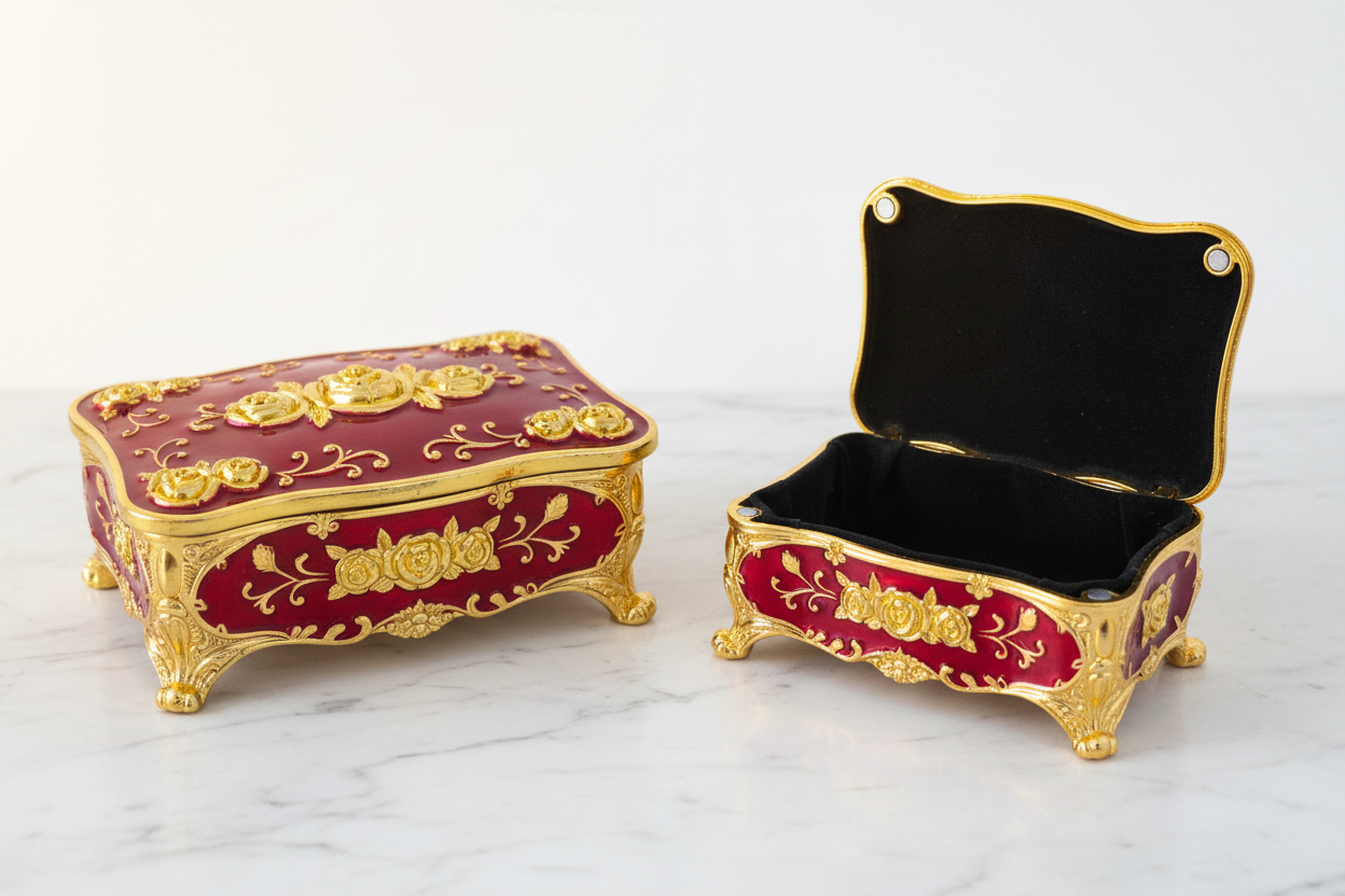 Crimson red enamel jewelry box with gold rose embossing and black velvet interior