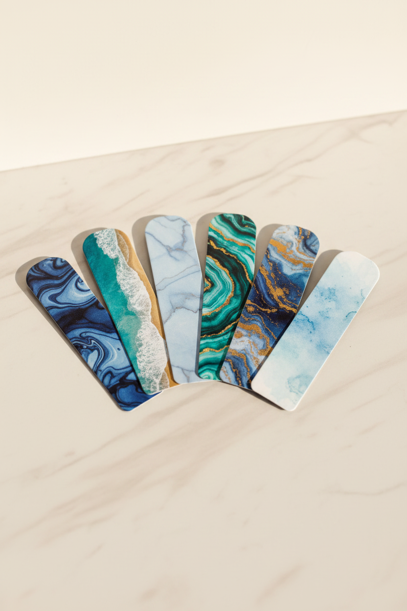 Set of 6 ocean and marble magnetic bookmarks in blue and teal