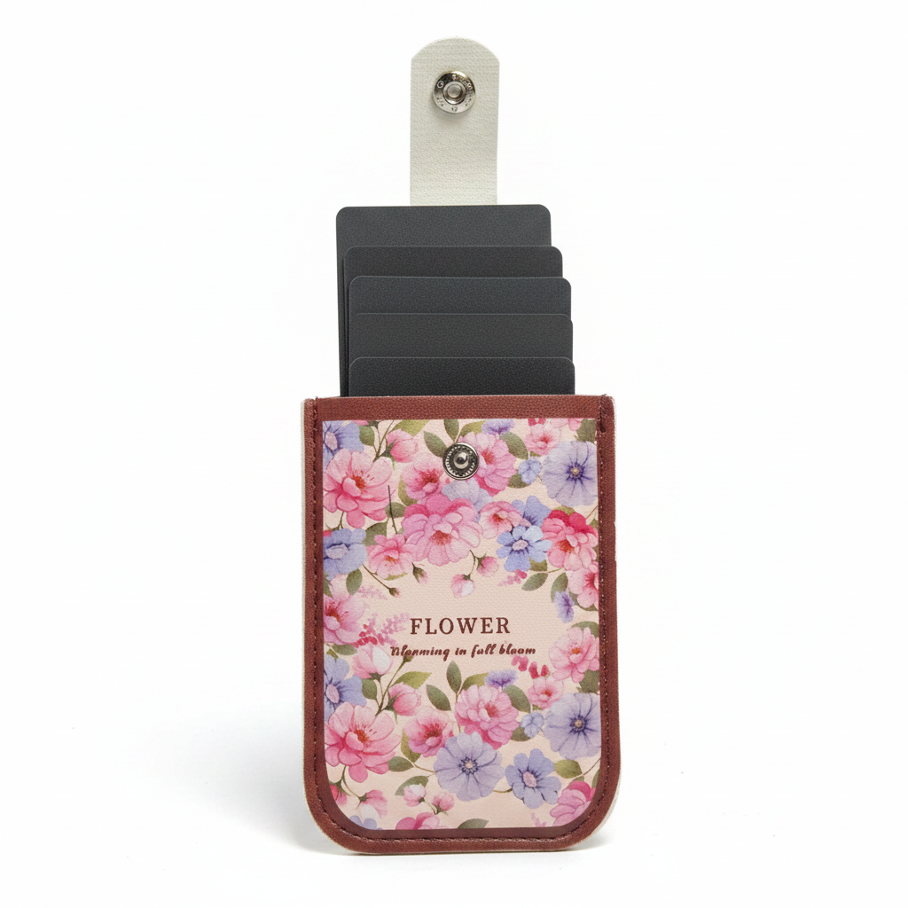 Floral Snap Card Holder open showing cards fanning up