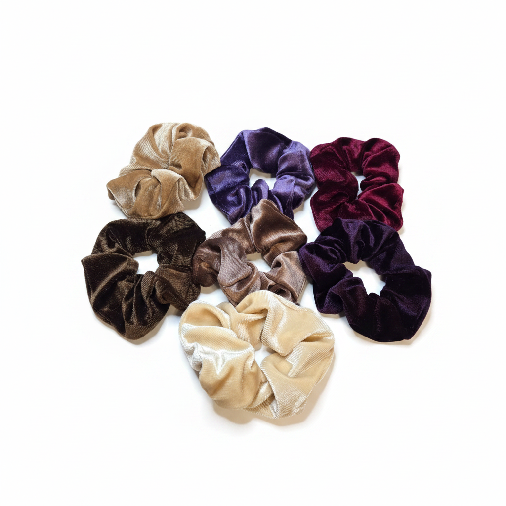 Large oversized velvet scrunchies in cream, brown, plum, purple and burgundy