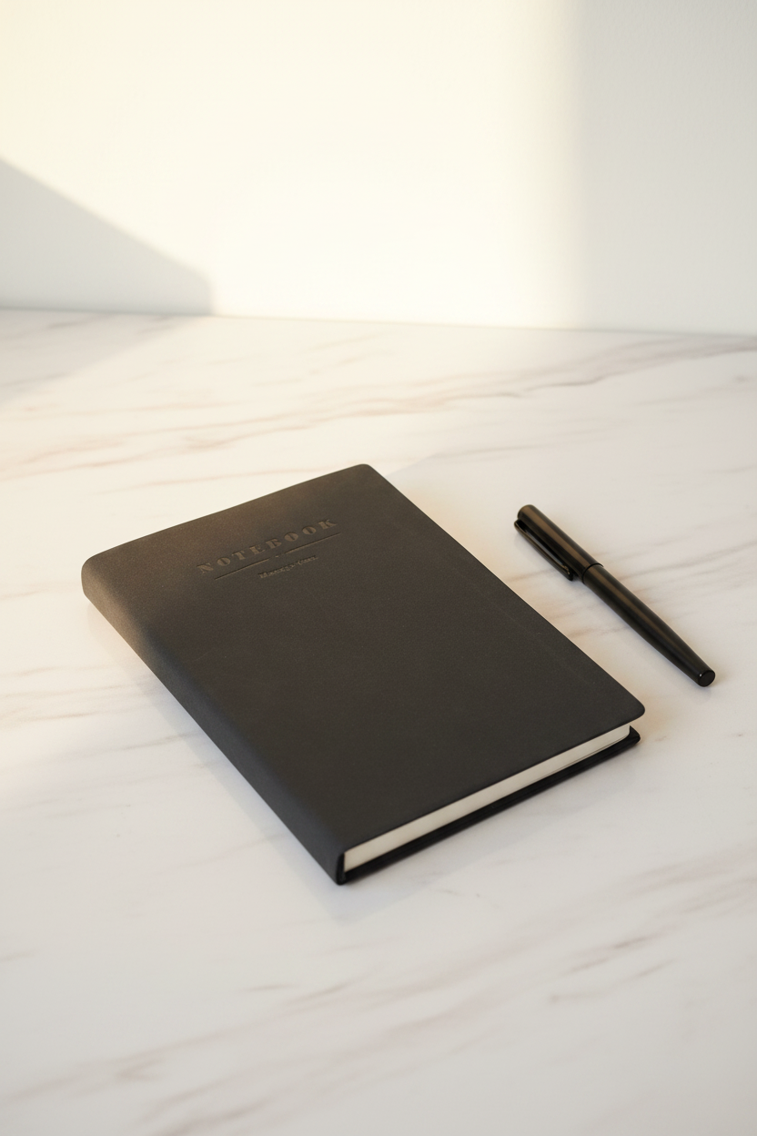 Black soft suede A5 notebook on marble desk