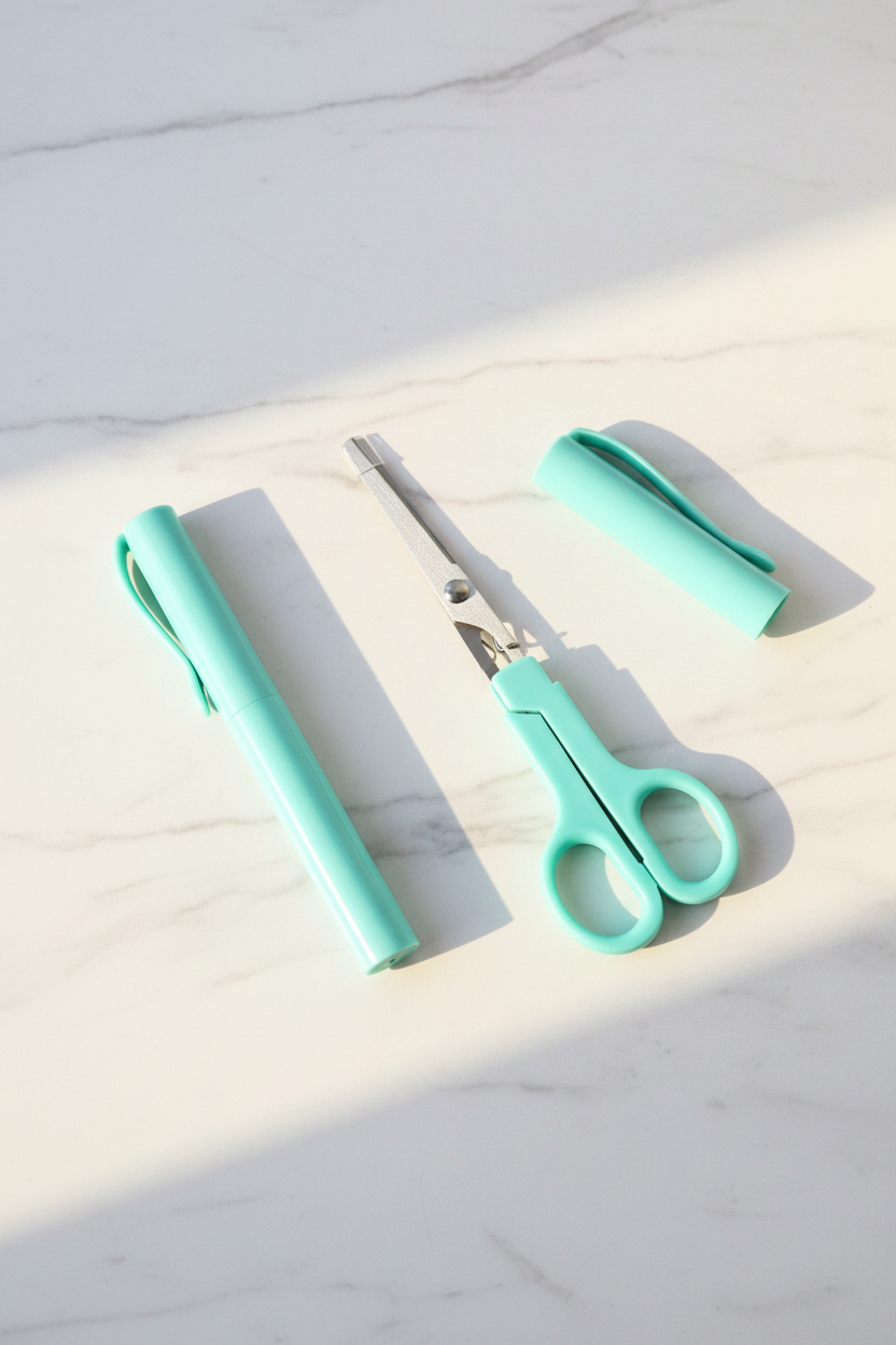 Teal pen scissors open and closed on marble desk