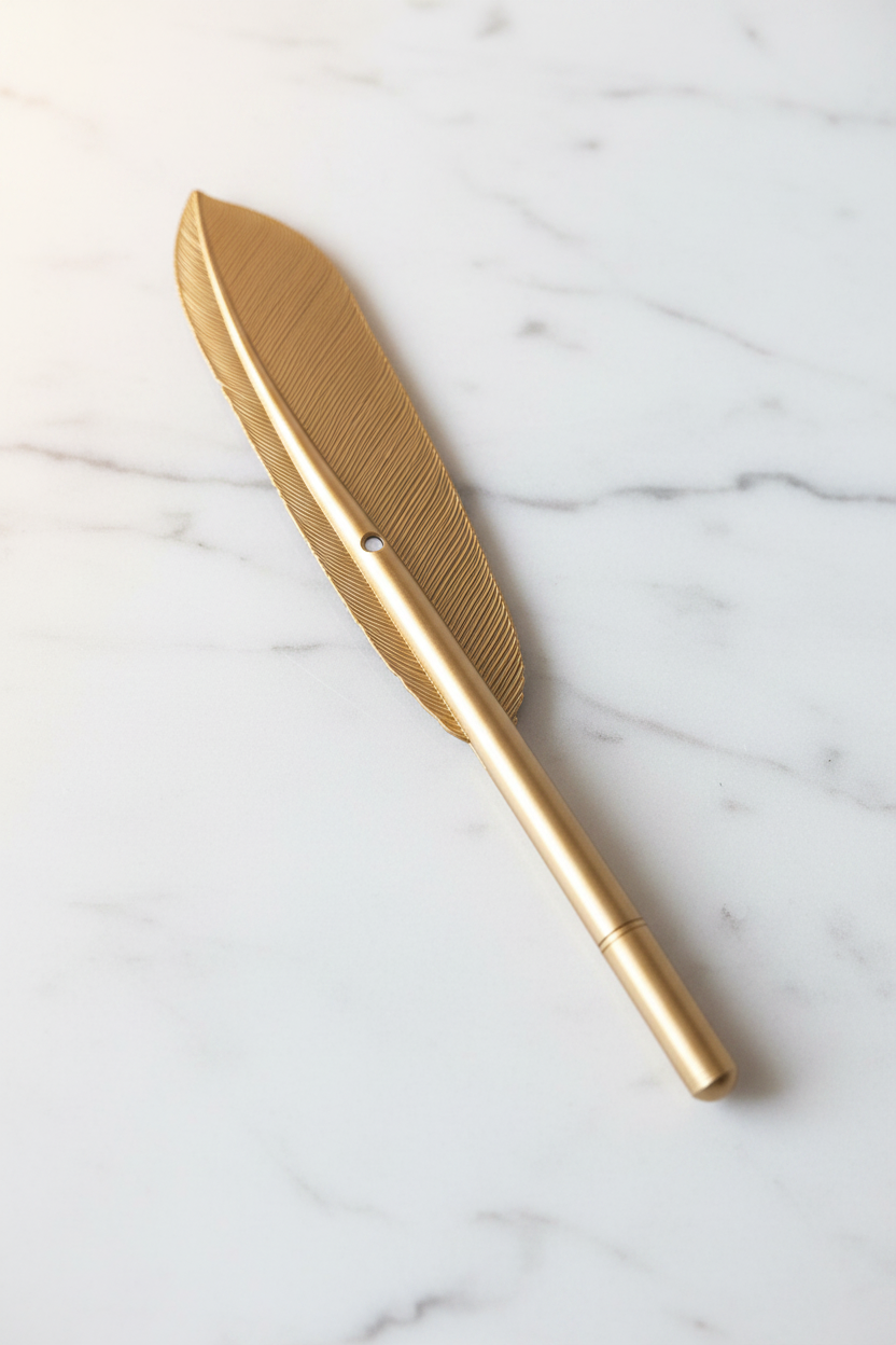 Gold feather quill ballpoint pen on white marble desk